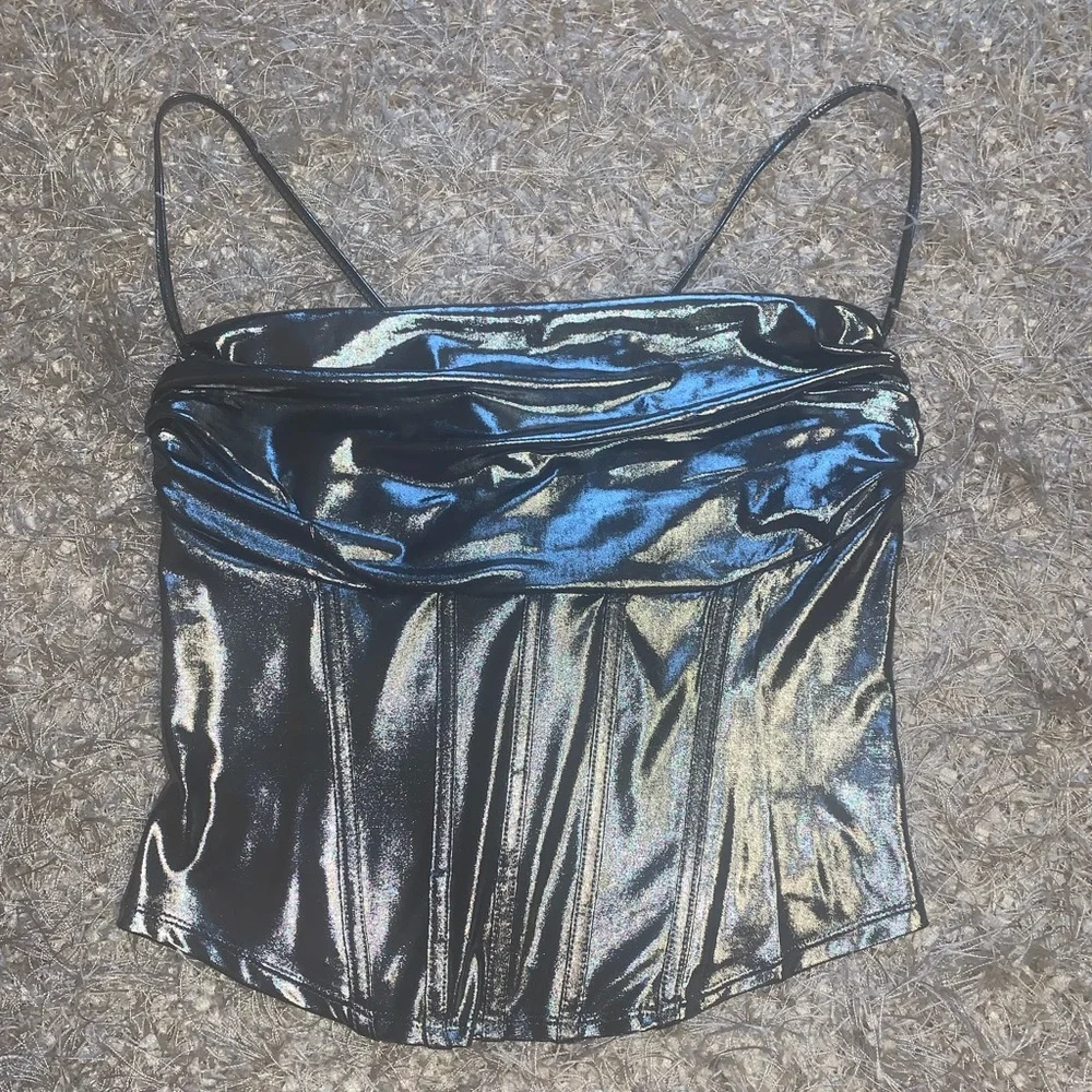 Silver gunmetal corset style crop top sz S - Picture 7 of 7